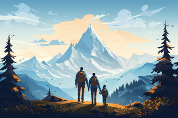 Naklejka premium A family of travelers standing on top of a mountain , goal achieved, active tourism and mountain travel, illustration