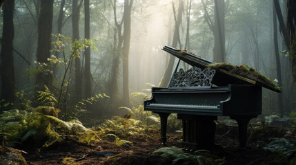 A worn piano in the misty depths of the forest