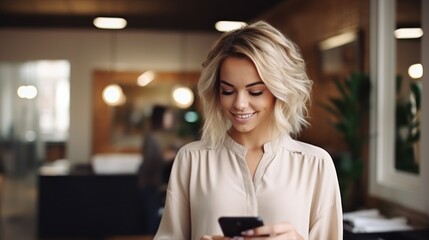 Young girl in hairdresser posing with phone in hand