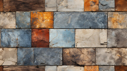 Shabby seamless vintage tiles create a rusty mosaic pattern on a weathered concrete wall..