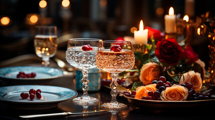 Fototapeta na wymiar Holiday Feasts: Beautifully Decorated Christmas and New Year's Eve Dinner Tables. Generative AI.