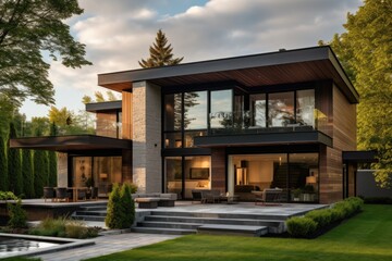 Fototapeta premium A modern home with a garage and a beautiful terrace