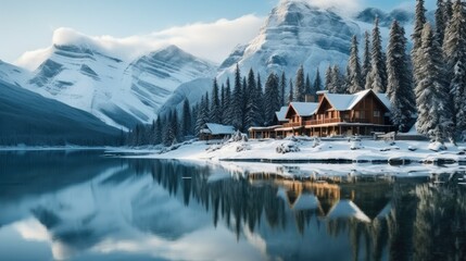 Cozy winter mountain lodge near lake. - obrazy, fototapety, plakaty