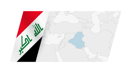 Iraq map in modern style with flag of Iraq on left side.