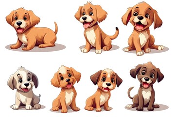 Set of funny puppies. Cartoon, soft coloring, flat vector design, isolated on white background