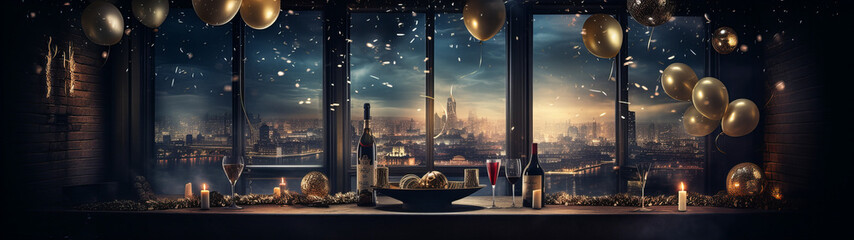 new years eve party with champagne and baloons, sylvester - obrazy, fototapety, plakaty