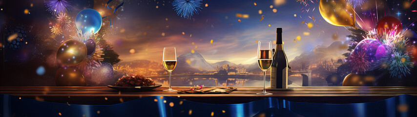 New Year's Eve party, champagne and beautiful view of the lake, balloons and fireworks on the sides, New years eve