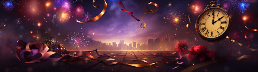 festive decoration with ribbons, fireworks and a analog clock, city skyline in the background, Sylvester banner