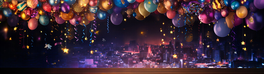 colorful sylvester party with balloons, confetti and steamers at midnight, new years eve banner