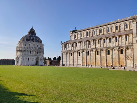 The Baptistery of Pisa Leaning Tower at the Piazza dei Miracoli or the Square of Miracles in Pisa, Italy