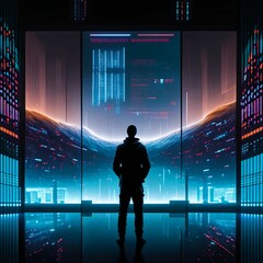 A silhouette of a person standing in front of a giant digital screen with a flow of data showing various cyber threats and vulnerabilities 
