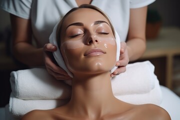 Fototapeta na wymiar Woman Enjoys Facial Treatment Session