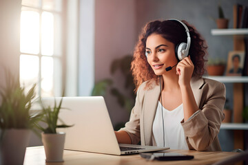 smiling young woman teleworking from home with her headset on, looking at her laptop screen and talking to someone on a call, good lighting, lifestyle, horizontal