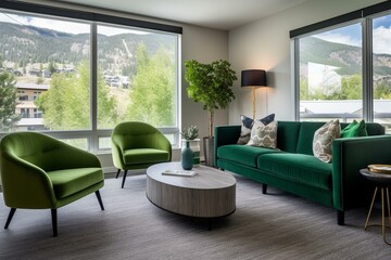Stylish room featuring 2 green couches and a scenic view of trees. Generative AI