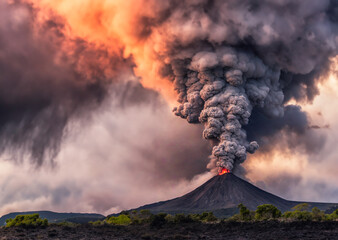 Photorealistic image captures the dramatic spectacle of a volcanic eruption. The volcano, centrally located, is spewing a large amount of ash and smoke into the sky. 