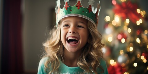 Festively Adorned Girl, Smiling in Christmas Dress and Crown, Awaits Santas December Gifts in Cozy...
