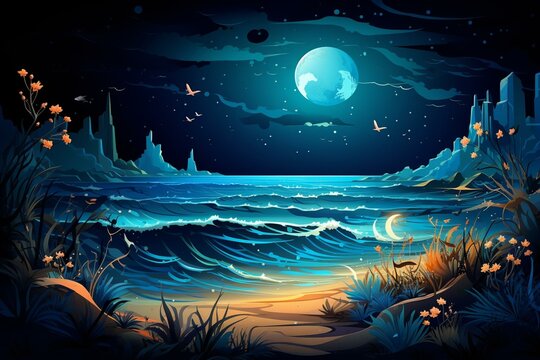 Illustration of stunning night sea scene with fish, seashell, seaweed, glow, moon. Generative AI