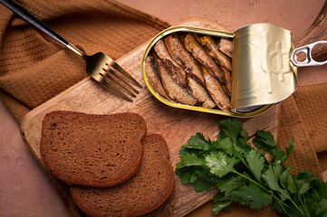 preserves, sprats with black bread, top view, no people,