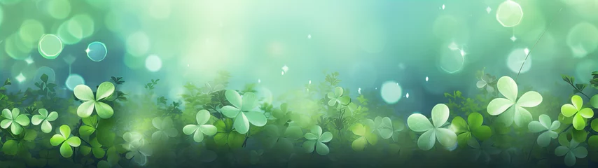 Fotobehang happy new year banner with four-leaf clover as a lucky charm on blurred background © Reiskuchen