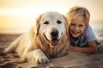 Boy And Faithful Dog Sharing Smiles On The Beach Unbreakable Bond