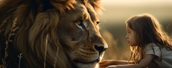 Friendship Bond Lion Interacts With Little Girl In Closeup - obrazy, fototapety, plakaty