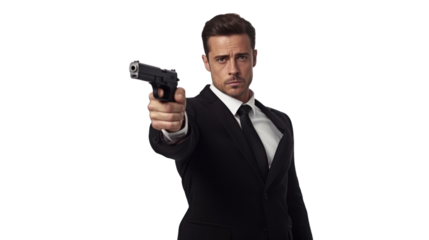 A male bodyguard holds a pistol and makes a shooting gesture