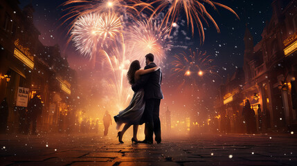 couple is standing hugging on the street at new years eve and is watching the fireworks, sylvester - obrazy, fototapety, plakaty