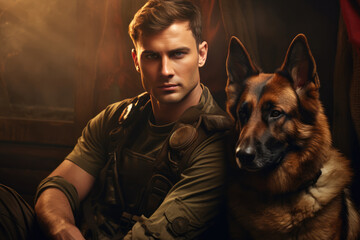 Handsome Soldier With Loyal Dog In Portrait - obrazy, fototapety, plakaty