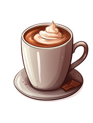 Watercolor Illustration of a hot chocolate drink in a white mug with whipped cream, isolated on white background