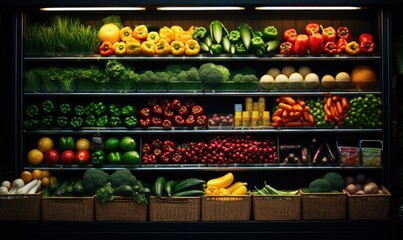 Pełen asortyment warzyw i owoców na półkach w sklepie spożywczym  - obrazy, fototapety, plakaty