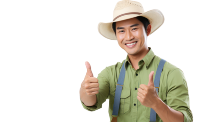 Asian male farmer thumbs up and smiles happily