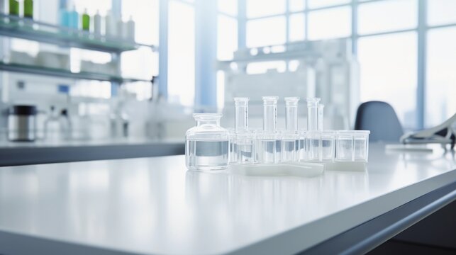 Place for presenting a medical product, clean white table in the laboratory