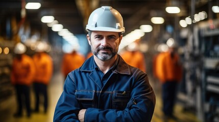 Industry maintenance engineer man wearing uniform and safety hard hat standing on factory, Industry concept.