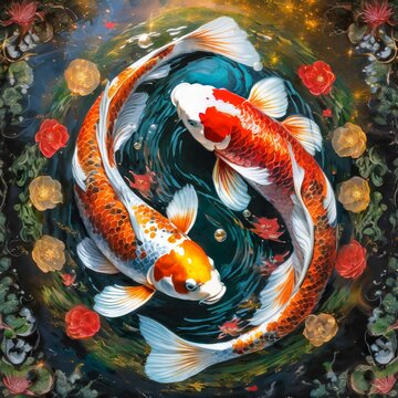 Yin-Yang Koi Harmony: Hypermaximalist 8K Photographic Art, AI generated.