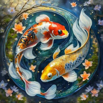 Yin-Yang Koi Harmony: Hypermaximalist 8K Photographic Art, AI generated.