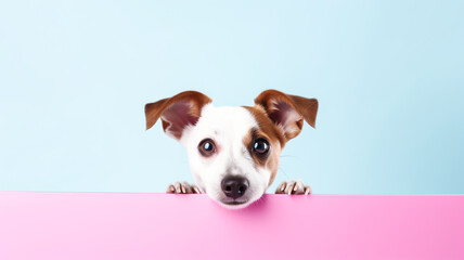 Funny minimalist background with a dog peeking out. AI generated