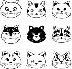 Cute faces of cats. Collection of different cats in simple linear style. Vector illustration