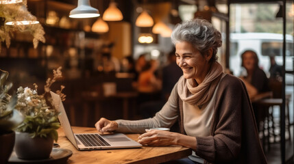 Senior woman working on laptop in cafe.