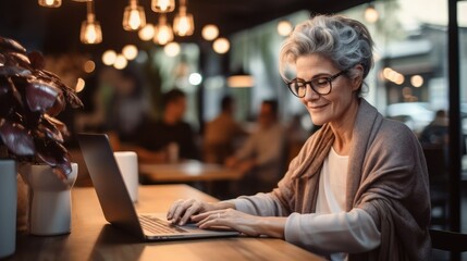 Senior woman working on laptop in cafe.