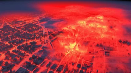 Foto op Canvas A thermal map of a cityscape, highlighting areas with elevated temperatures due to urban heat islands, a form of air thermal pollution. © Bea