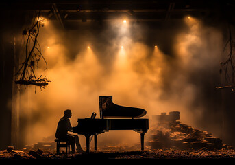 Dramatic environment with smoke and fog with piano silhouette on a stage. Music time. AI generated