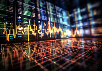 Stock market graphs on large monitor. Technology time. AI generated