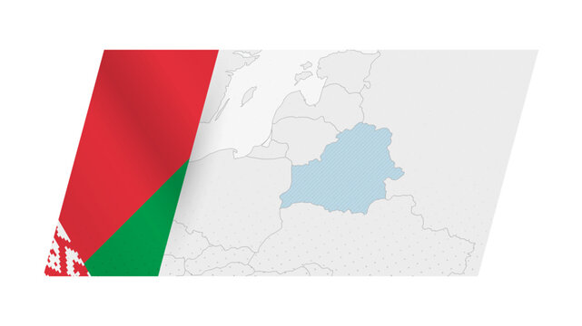 Belarus map in modern style with flag of Belarus on left side.
