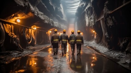 Worker under ground in a tunnel, Group of workers walking through a dark tunnel in a mining quarry. - obrazy, fototapety, plakaty