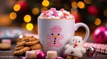 Hot chocolate with marshmallows and gingerbread man on Christmas background. Christmas Concept With a Copy Space.