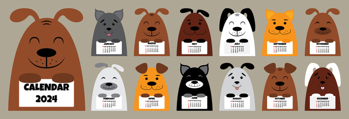 2024 calendar with cute doodle dogs. 2024 calendar A4 week start Sunday. Doodle dogs. Vector illustration - obrazy, fototapety, plakaty