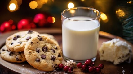 Glass of milk and cookies on a wooden table with Christmas lights in the background. Christmas Concept With a Copy Space.