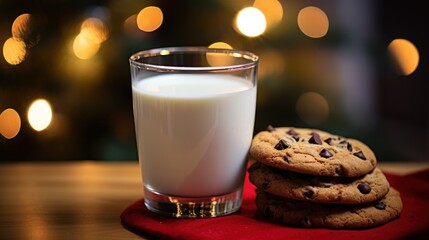 Glass of milk and chocolate chip cookies on wooden table in front of christmas lights. Christmas...