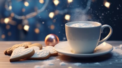 Cup of coffee with heart shaped cookies and christmas lights on background. Christmas Concept With...