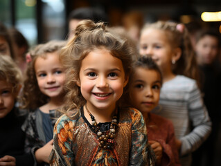 Fototapeta premium Hübsche kleine Vorschulkinder Gesichter lachen in die Kamera Nahaufnahme, ai generativ